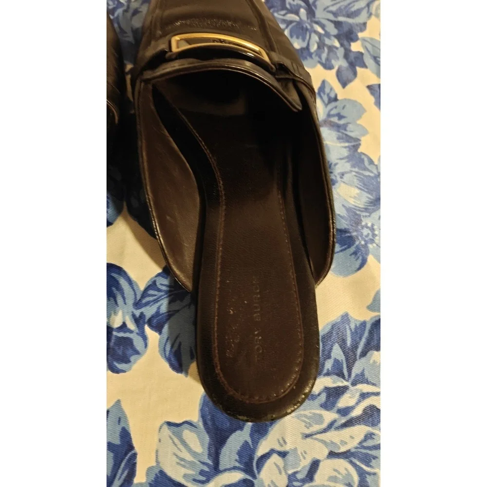 Tory Burch Georgia Backless Loafer Flats Mules Black Gold Logo Sz 10.5 M